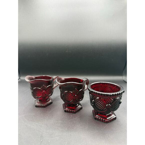Vintage Avon “1876 Cape Cod” Ruby Red Glass Sugar Bowl w/Two Creamers - Picture 2 of 8